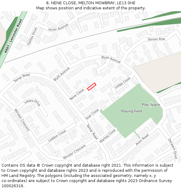8, NENE CLOSE, MELTON MOWBRAY, LE13 0HE: Location map and indicative extent of plot