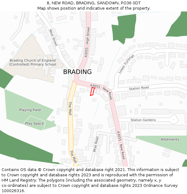 8, NEW ROAD, BRADING, SANDOWN, PO36 0DT: Location map and indicative extent of plot