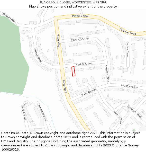 8, NORFOLK CLOSE, WORCESTER, WR2 5RA: Location map and indicative extent of plot