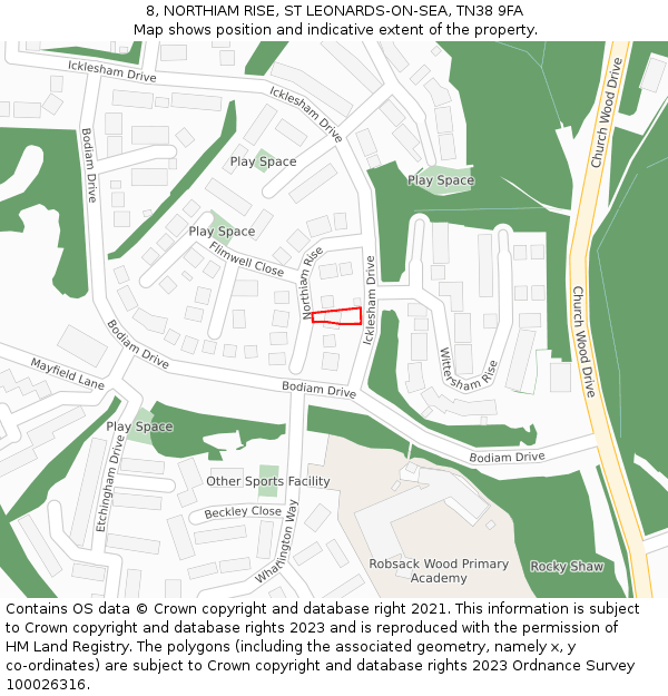 8, NORTHIAM RISE, ST LEONARDS-ON-SEA, TN38 9FA: Location map and indicative extent of plot