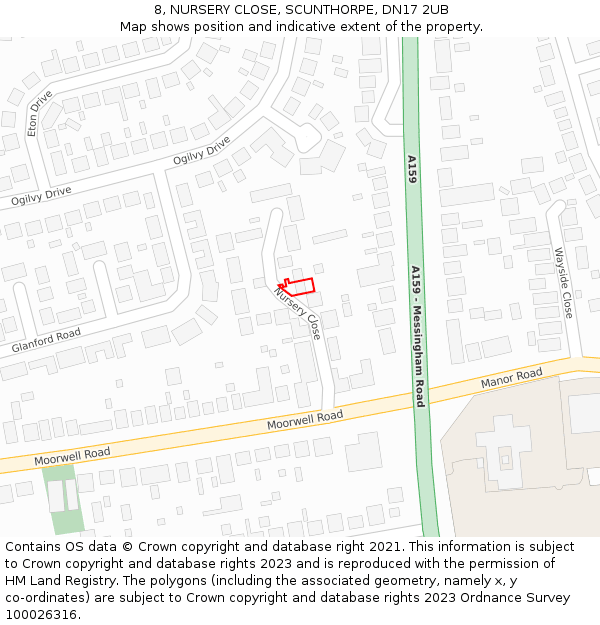8, NURSERY CLOSE, SCUNTHORPE, DN17 2UB: Location map and indicative extent of plot
