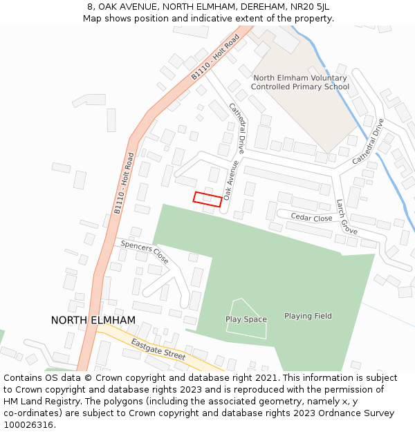 8, OAK AVENUE, NORTH ELMHAM, DEREHAM, NR20 5JL: Location map and indicative extent of plot