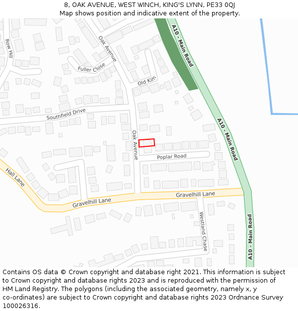 8, OAK AVENUE, WEST WINCH, KING'S LYNN, PE33 0QJ: Location map and indicative extent of plot