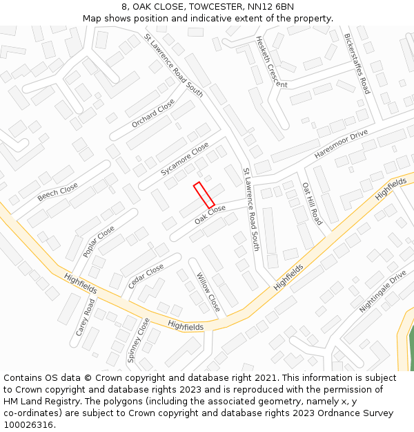8, OAK CLOSE, TOWCESTER, NN12 6BN: Location map and indicative extent of plot