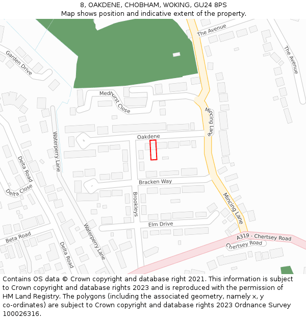 8, OAKDENE, CHOBHAM, WOKING, GU24 8PS: Location map and indicative extent of plot