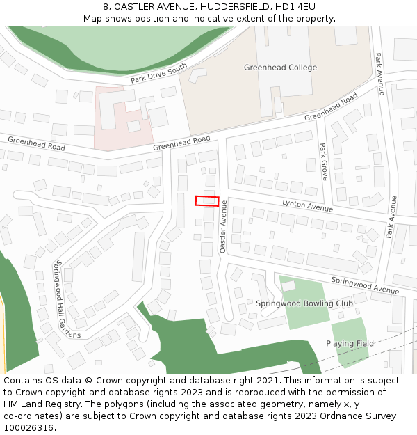 8, OASTLER AVENUE, HUDDERSFIELD, HD1 4EU: Location map and indicative extent of plot