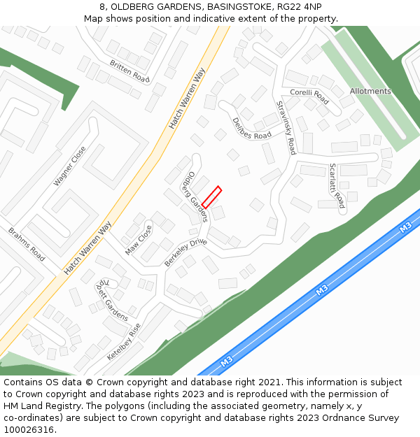 8, OLDBERG GARDENS, BASINGSTOKE, RG22 4NP: Location map and indicative extent of plot