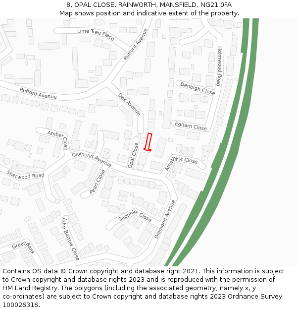 8, OPAL CLOSE, RAINWORTH, MANSFIELD, NG21 0FA: Location map and indicative extent of plot