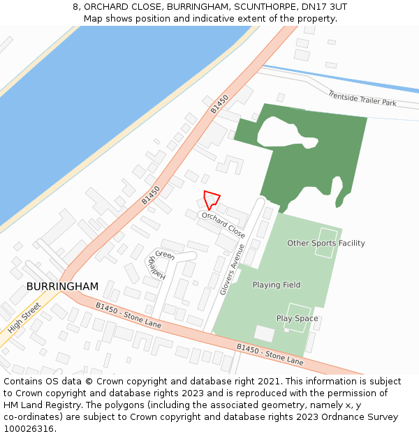 8, ORCHARD CLOSE, BURRINGHAM, SCUNTHORPE, DN17 3UT: Location map and indicative extent of plot