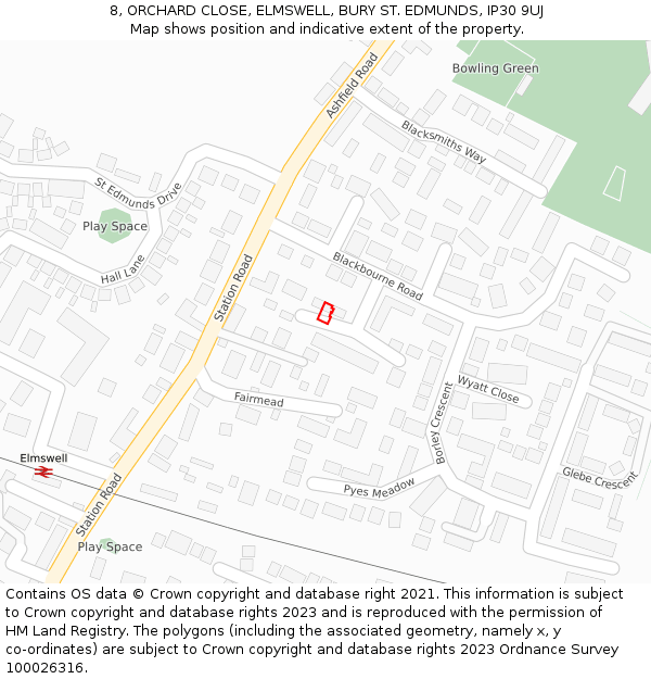 8, ORCHARD CLOSE, ELMSWELL, BURY ST. EDMUNDS, IP30 9UJ: Location map and indicative extent of plot