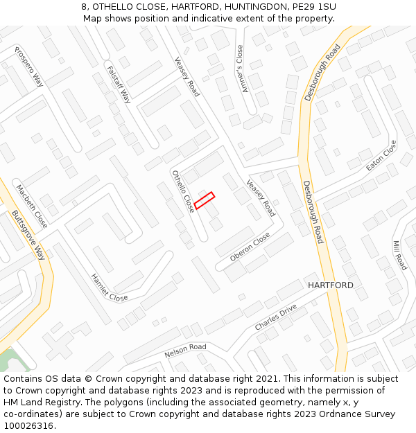 8, OTHELLO CLOSE, HARTFORD, HUNTINGDON, PE29 1SU: Location map and indicative extent of plot