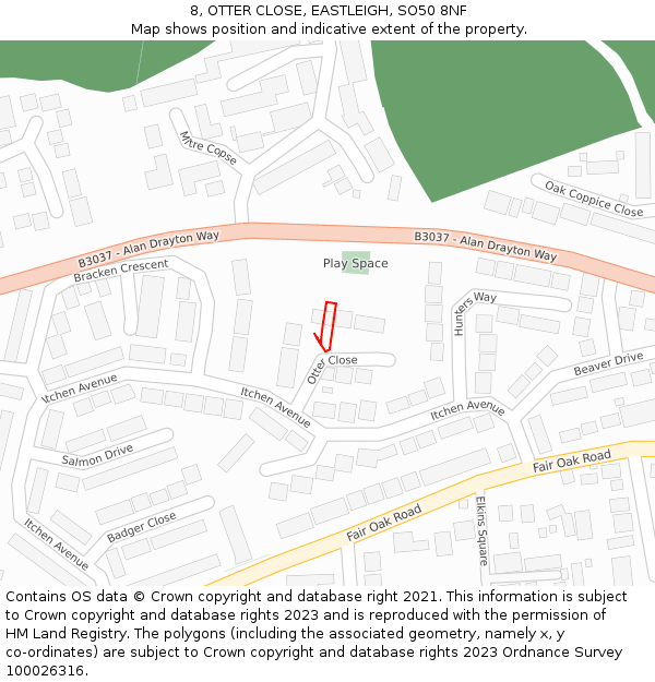 8, OTTER CLOSE, EASTLEIGH, SO50 8NF: Location map and indicative extent of plot