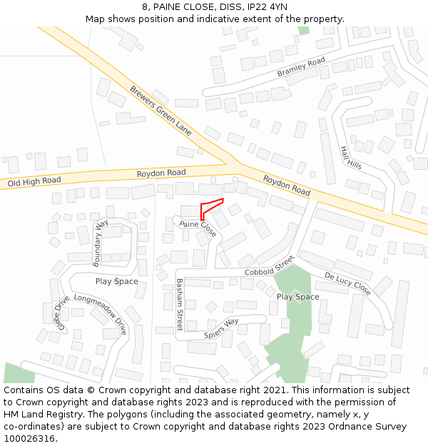 8, PAINE CLOSE, DISS, IP22 4YN: Location map and indicative extent of plot