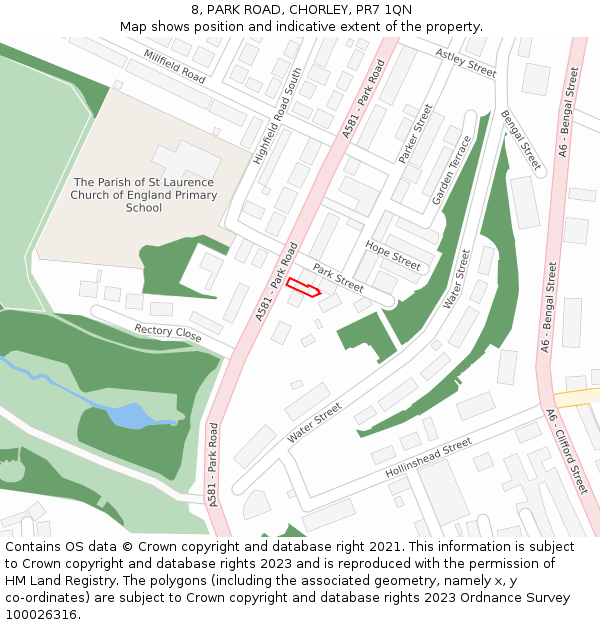 8, PARK ROAD, CHORLEY, PR7 1QN: Location map and indicative extent of plot