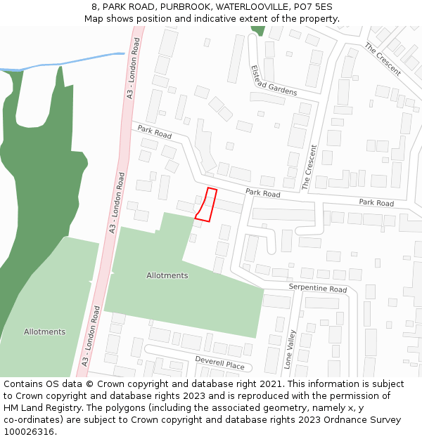 8, PARK ROAD, PURBROOK, WATERLOOVILLE, PO7 5ES: Location map and indicative extent of plot