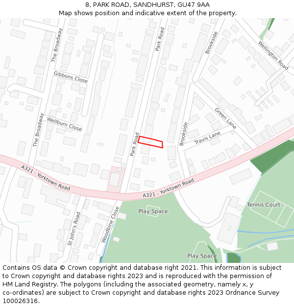 8, PARK ROAD, SANDHURST, GU47 9AA: Location map and indicative extent of plot