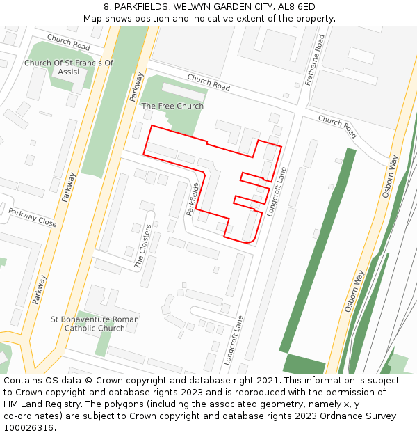 8, PARKFIELDS, WELWYN GARDEN CITY, AL8 6ED: Location map and indicative extent of plot
