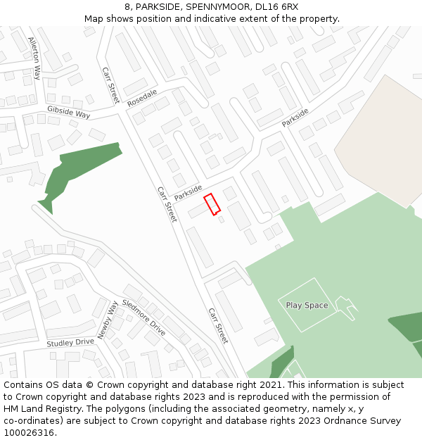 8, PARKSIDE, SPENNYMOOR, DL16 6RX: Location map and indicative extent of plot