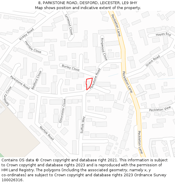 8, PARKSTONE ROAD, DESFORD, LEICESTER, LE9 9HY: Location map and indicative extent of plot
