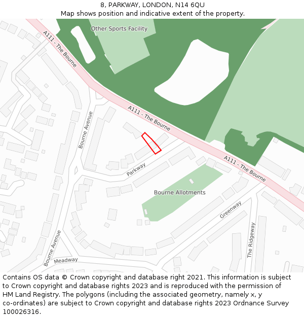 8, PARKWAY, LONDON, N14 6QU: Location map and indicative extent of plot