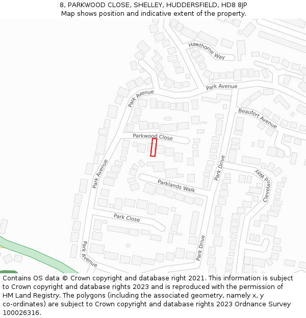 8, PARKWOOD CLOSE, SHELLEY, HUDDERSFIELD, HD8 8JP: Location map and indicative extent of plot