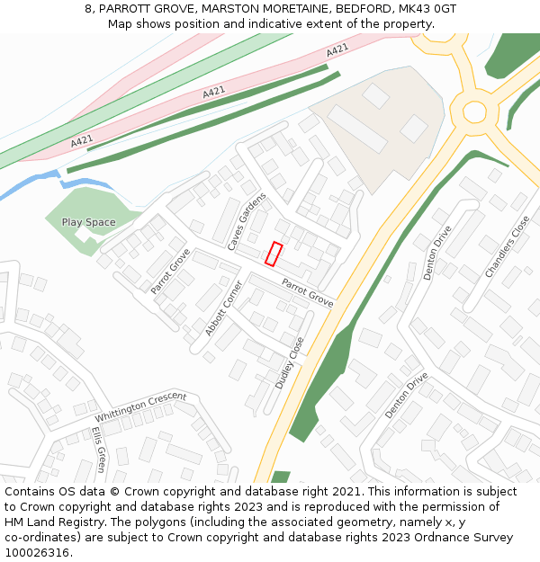 8, PARROTT GROVE, MARSTON MORETAINE, BEDFORD, MK43 0GT: Location map and indicative extent of plot