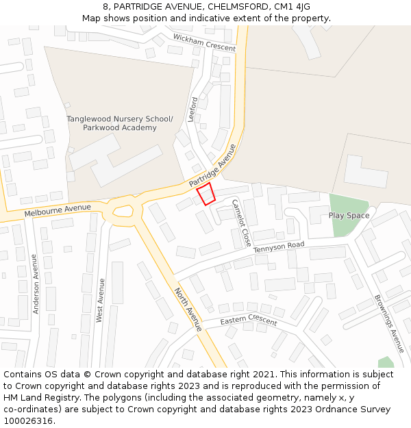 8, PARTRIDGE AVENUE, CHELMSFORD, CM1 4JG: Location map and indicative extent of plot