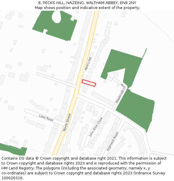 8, PECKS HILL, NAZEING, WALTHAM ABBEY, EN9 2NY: Location map and indicative extent of plot