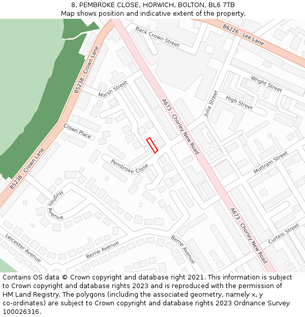 8, PEMBROKE CLOSE, HORWICH, BOLTON, BL6 7TB: Location map and indicative extent of plot