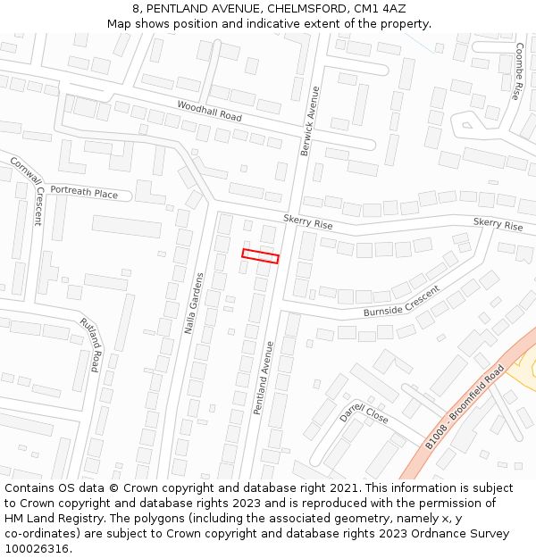8, PENTLAND AVENUE, CHELMSFORD, CM1 4AZ: Location map and indicative extent of plot