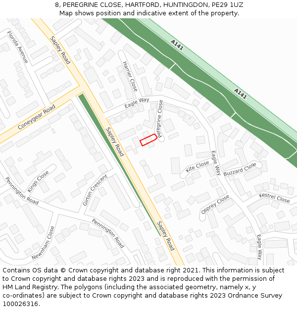 8, PEREGRINE CLOSE, HARTFORD, HUNTINGDON, PE29 1UZ: Location map and indicative extent of plot