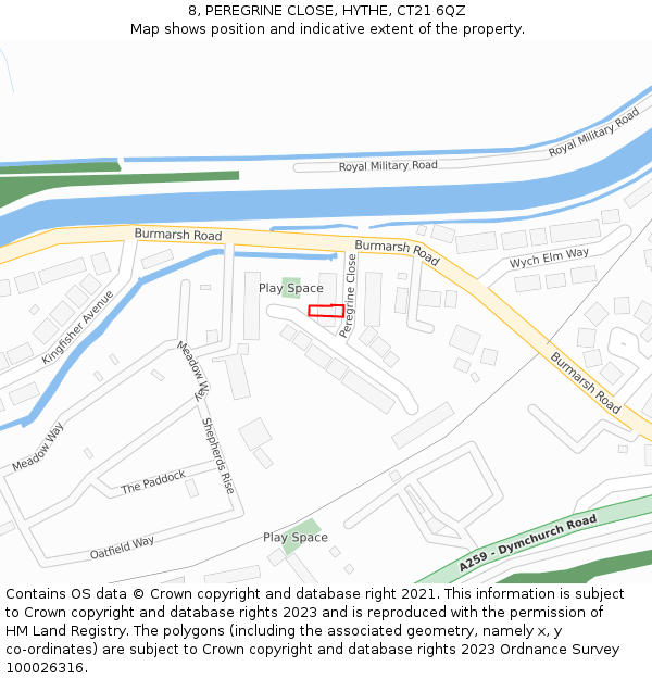 8, PEREGRINE CLOSE, HYTHE, CT21 6QZ: Location map and indicative extent of plot