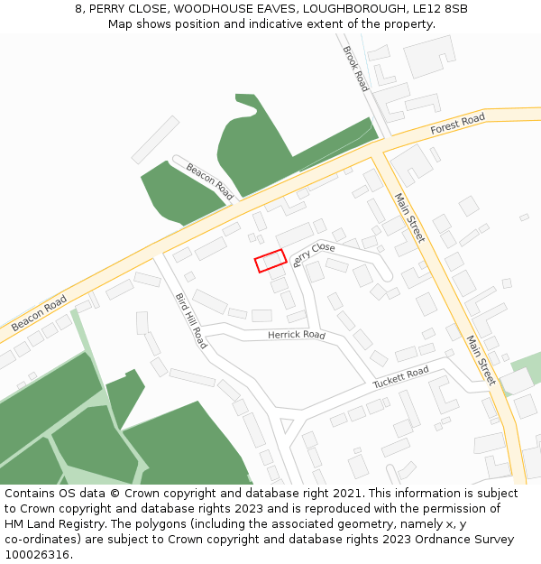 8, PERRY CLOSE, WOODHOUSE EAVES, LOUGHBOROUGH, LE12 8SB: Location map and indicative extent of plot