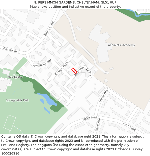 8, PERSIMMON GARDENS, CHELTENHAM, GL51 0UF: Location map and indicative extent of plot