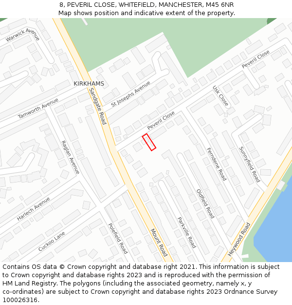 8, PEVERIL CLOSE, WHITEFIELD, MANCHESTER, M45 6NR: Location map and indicative extent of plot