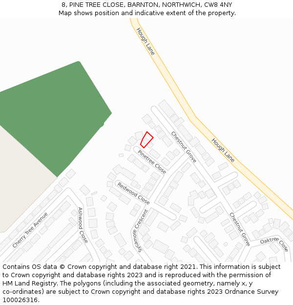8, PINE TREE CLOSE, BARNTON, NORTHWICH, CW8 4NY: Location map and indicative extent of plot
