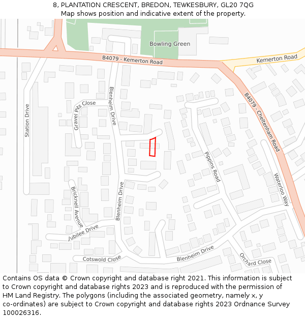 8, PLANTATION CRESCENT, BREDON, TEWKESBURY, GL20 7QG: Location map and indicative extent of plot