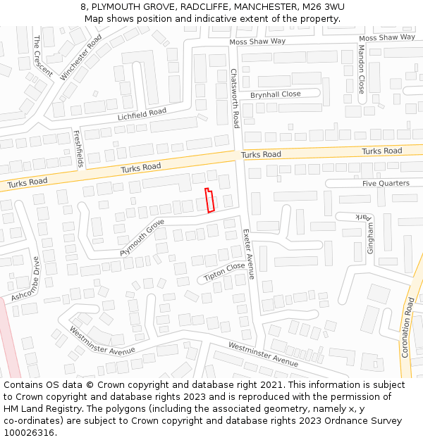 8, PLYMOUTH GROVE, RADCLIFFE, MANCHESTER, M26 3WU: Location map and indicative extent of plot