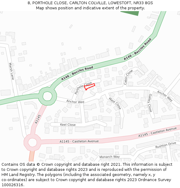 8, PORTHOLE CLOSE, CARLTON COLVILLE, LOWESTOFT, NR33 8GS: Location map and indicative extent of plot