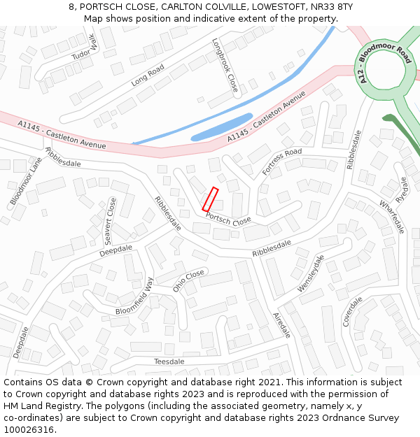 8, PORTSCH CLOSE, CARLTON COLVILLE, LOWESTOFT, NR33 8TY: Location map and indicative extent of plot