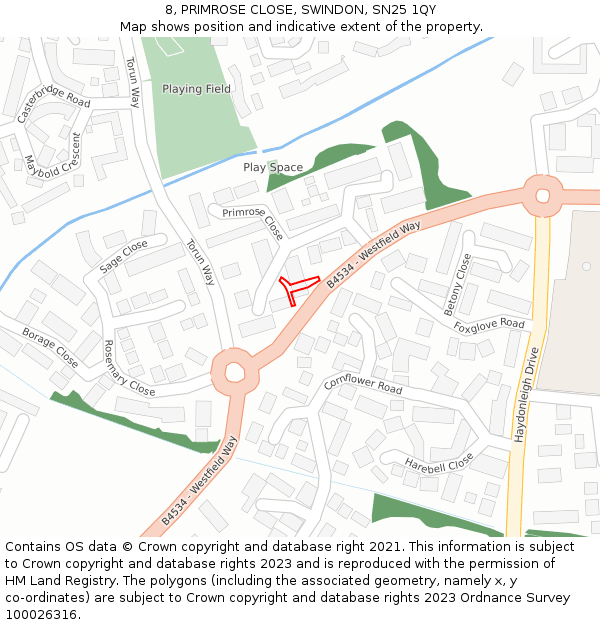 8, PRIMROSE CLOSE, SWINDON, SN25 1QY: Location map and indicative extent of plot