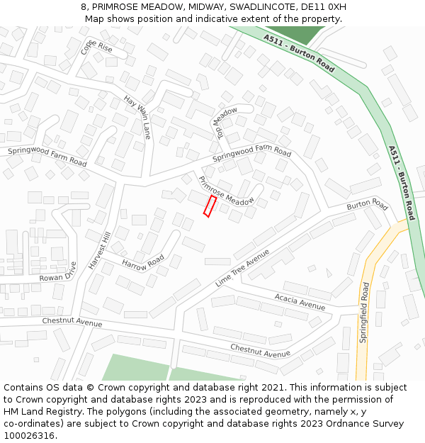 8, PRIMROSE MEADOW, MIDWAY, SWADLINCOTE, DE11 0XH: Location map and indicative extent of plot