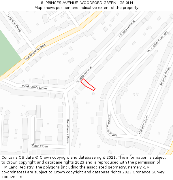 8, PRINCES AVENUE, WOODFORD GREEN, IG8 0LN: Location map and indicative extent of plot