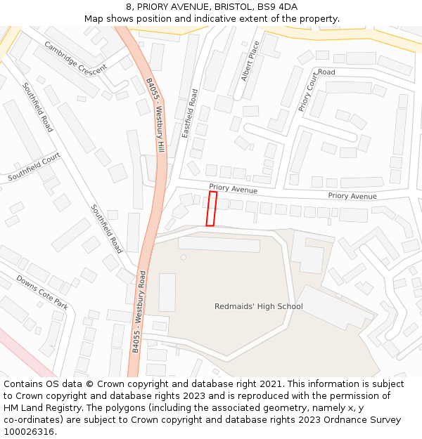 8, PRIORY AVENUE, BRISTOL, BS9 4DA: Location map and indicative extent of plot