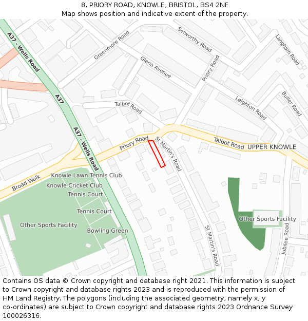 8, PRIORY ROAD, KNOWLE, BRISTOL, BS4 2NF: Location map and indicative extent of plot