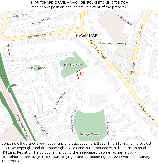 8, PRITCHARD DRIVE, HAWKINGE, FOLKESTONE, CT18 7QH: Location map and indicative extent of plot