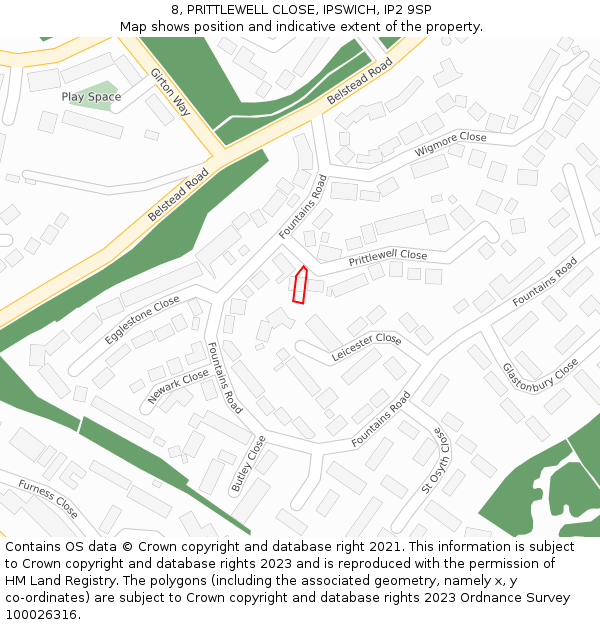 8, PRITTLEWELL CLOSE, IPSWICH, IP2 9SP: Location map and indicative extent of plot