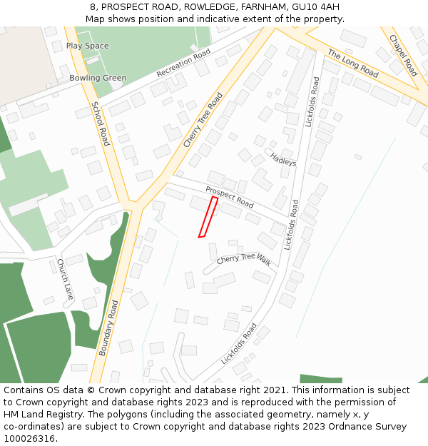 8, PROSPECT ROAD, ROWLEDGE, FARNHAM, GU10 4AH: Location map and indicative extent of plot