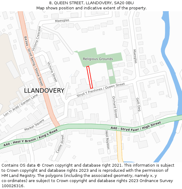 8, QUEEN STREET, LLANDOVERY, SA20 0BU: Location map and indicative extent of plot