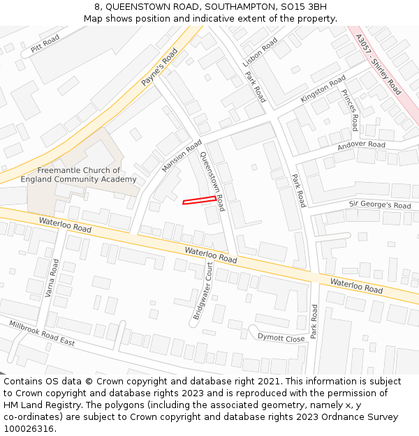 8, QUEENSTOWN ROAD, SOUTHAMPTON, SO15 3BH: Location map and indicative extent of plot